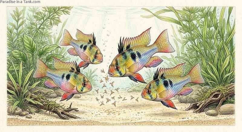 Several German Blue Rams feeding on live Artemia near a sandy substrate.