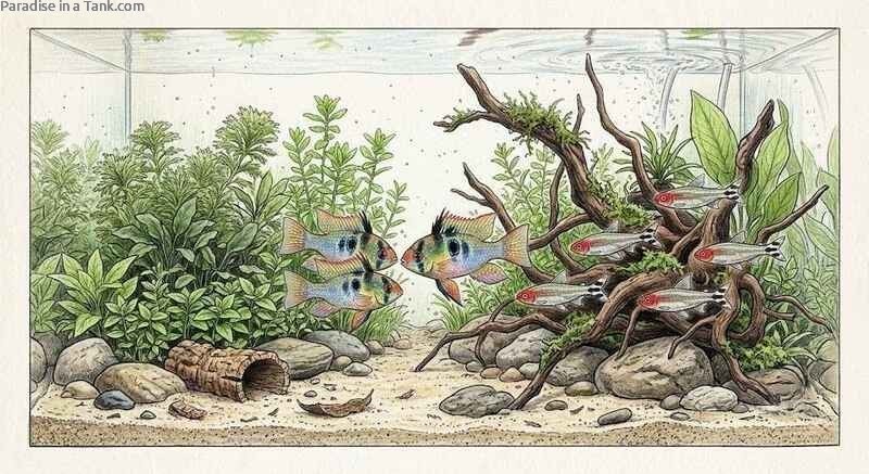 German Blue Rams swimming gracefully alongside a school of Rummynose Tetra tankmates.