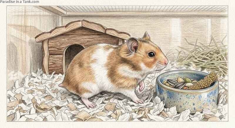 Hamster sitting peacefully on a layer of soft white bedding material.
