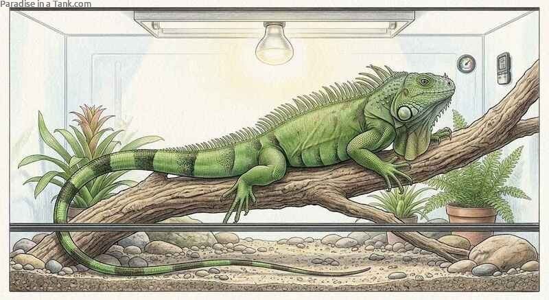 A bright green iguana resting comfortably on a thick natural wooden branch inside its enclosure.