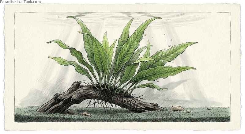 A vibrant green Java Fern anchored firmly to a piece of aquarium driftwood.