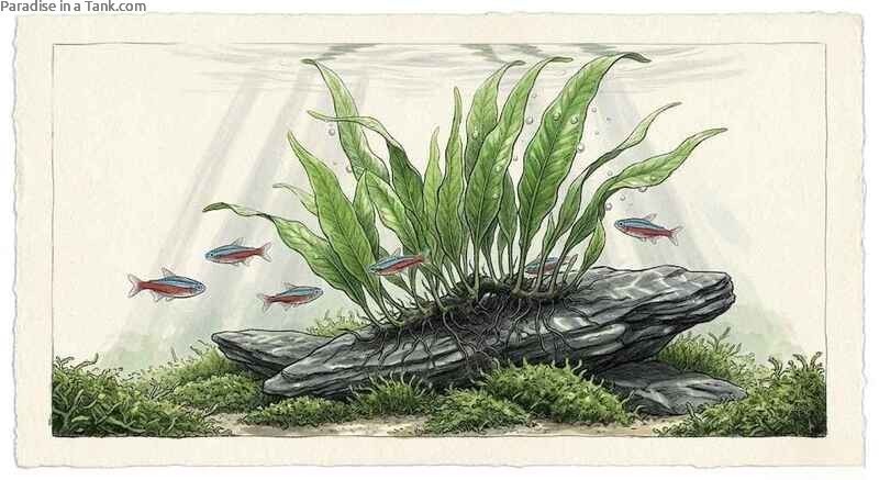 Java Fern attached to rock displaying rich green leaves in a planted aquarium landscape.