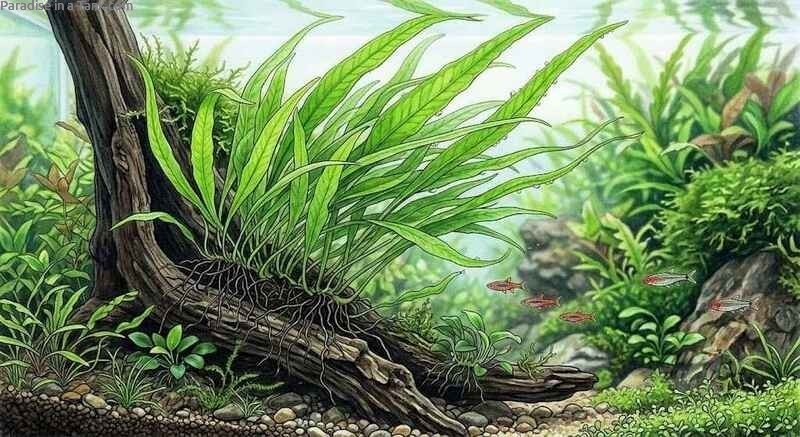 Java Fern Narrow Leaf displaying its slender green fronds attached to aquarium driftwood.