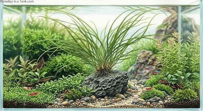 A vibrant cluster of Java Fern Needle Leaf creating dynamic visual movement underwater.
