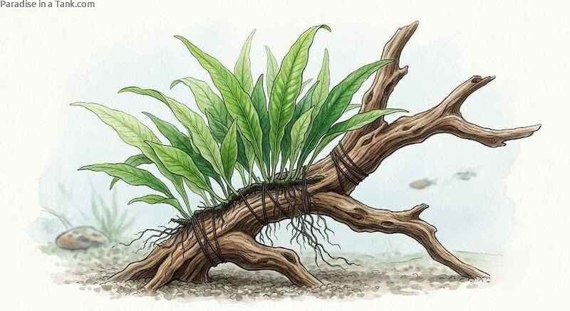 Vibrant green Java Fern tied to natural brown driftwood in clear water.