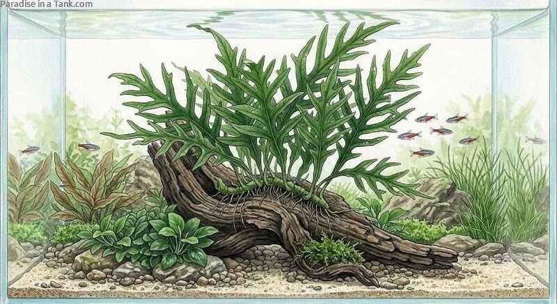 A vibrant cluster of Java Fern Trident creating a strong focal point underwater.