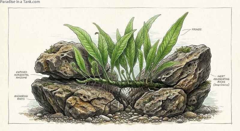 Healthy Java Fern foliage wedged between rocks.