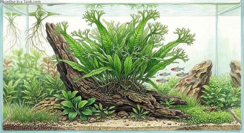 Java Fern Windelov showcasing its delicate branched tips mounted prominently on dark hardscape.