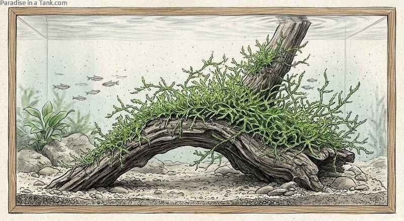 Complete aquascape layout where java moss looks dense, healthy, and beautifully established.