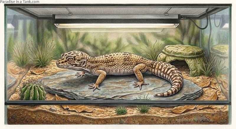 Profile view of a spotted leopard gecko resting under a overhead UVB light source.