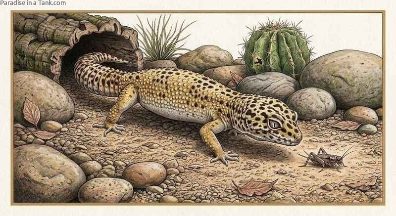 Close up view of a leopard gecko catching cricket prey on smooth substrate.