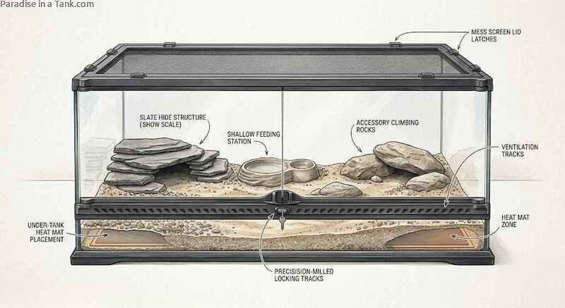 Fully decorated glass tank for leopard gecko featuring rock hides and dishes.