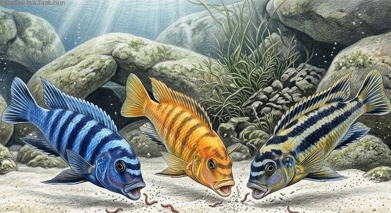 Mbuna Cichlids eating live Bloodworms