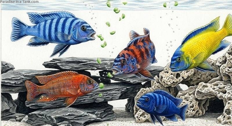 African Cichlids eating Green Peas