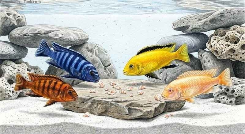 Mbuna Cichlids eating raw shrimp