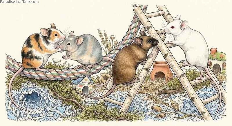 A pet mice group climbing and playing on wooden toys inside an enclosure.