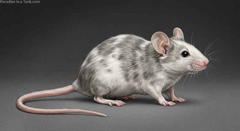Detailed grey pet mouse close up showing dark eyes and long white facial whiskers.
