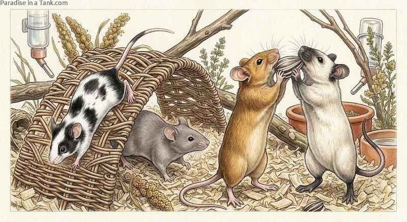 Pet mice foraging and eating colorful seed mixes scattered across clean wood shaving bedding.