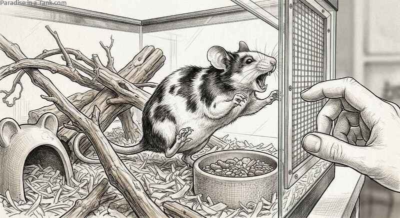 A mouse showing signs of aggression while standing tall in a glass enclosure.