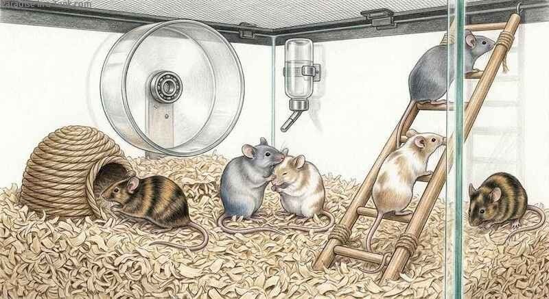 Aspen bedding for mice lining a spacious habitat complete with wooden enrichment toys.