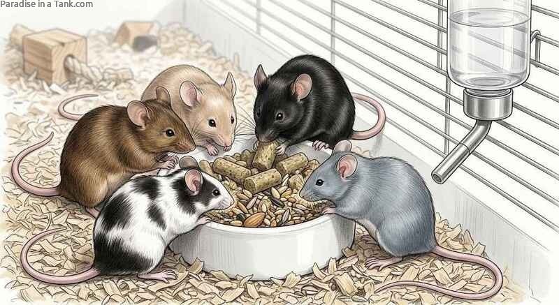 Pet mice feeding together on balanced pellet food that supports healthy digestion daily.