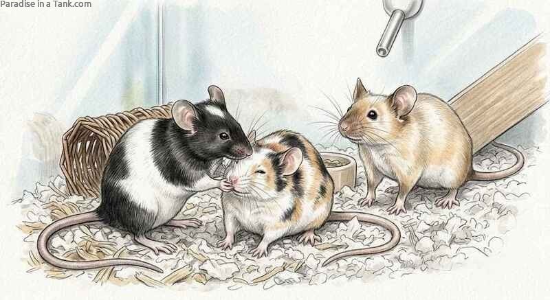 Two pet mice grooming each other while sitting together inside a glass tank.