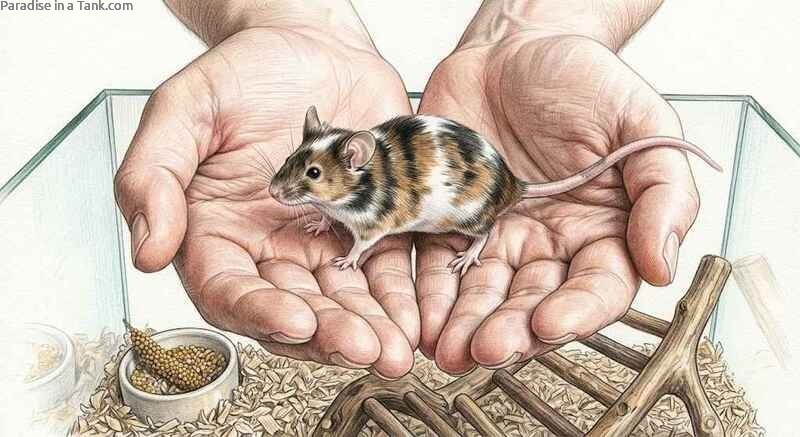 Cupped hands holding a mouse properly and safely near a clean pet glass habitat.