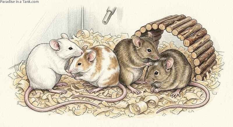 A lively group of mice huddling together inside a cozy wooden nesting box.
