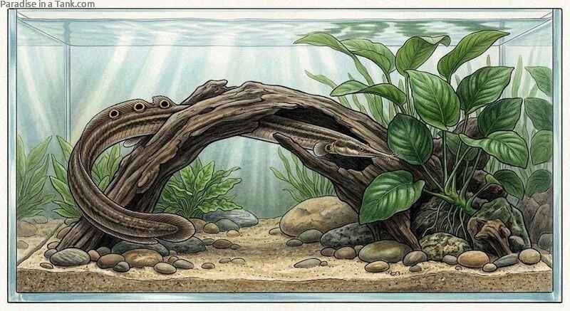 A Peacock Eel peeking out from a piece of driftwood.