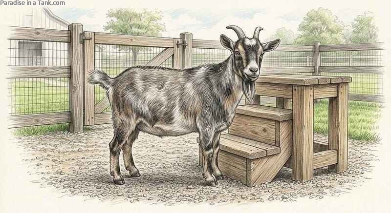 A small Pygmy Goat standing proudly next to a wooden climbing platform outside.