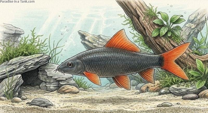 A Rainbow Shark swimming near the sandy bottom of a planted freshwater aquarium.