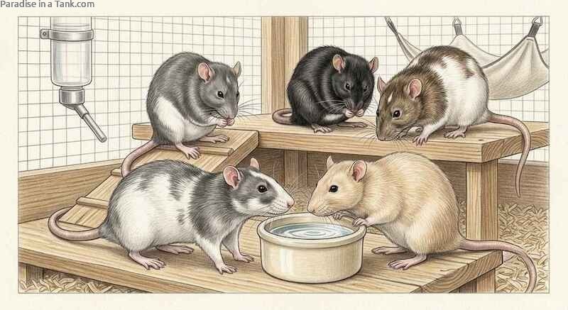 Healthy group of rats in enclosure interacting calmly near a water bowl.