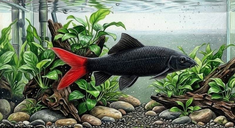 A Red Tailed Shark swimming gracefully over a smooth gravel substrate in a tank.
