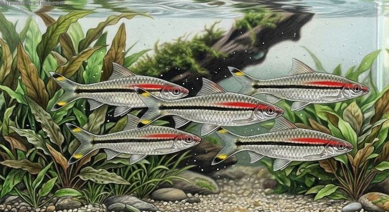 A school of Denison Barb swimming tightly together across a planted freshwater aquarium.