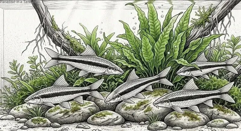 Multiple Siamese Algae Eater fish navigating through a clear tank.