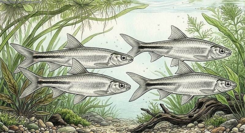 A school of Silver Apollo Shark navigating through an aquarium.