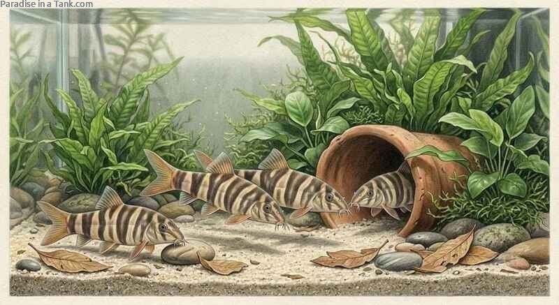 Zebra Loach navigating through a cave made of a pipe.