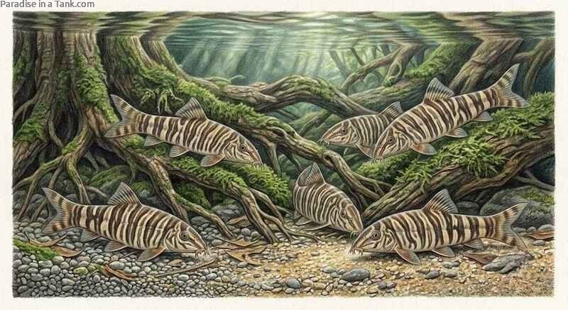 Group of Zebra Loaches scavenging together near the bottom of a tank.