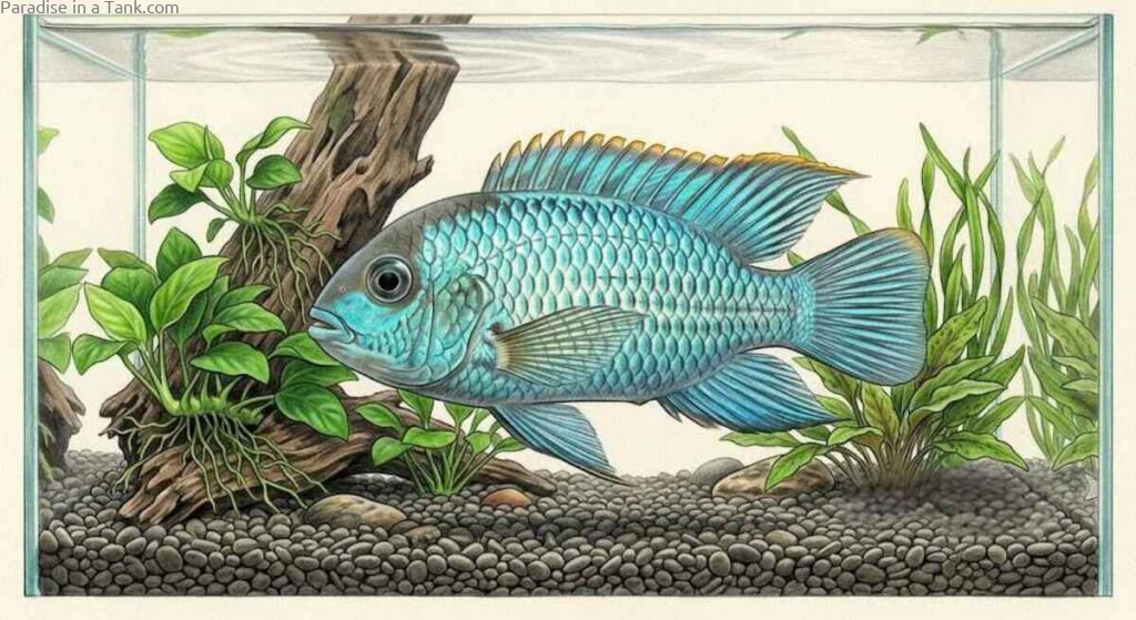 An Electric Blue Acara swimming calmly in an aquarium.