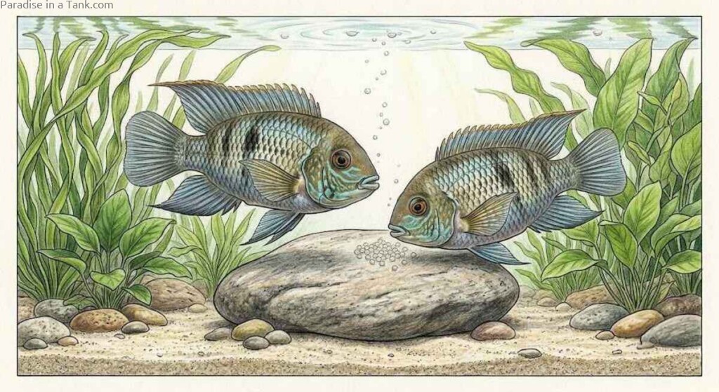 A Blue Acara pair defending their eggs on a rock.