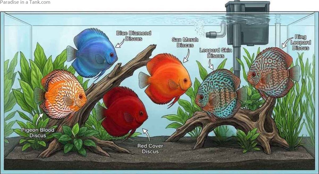 Solid and leopard patterned discus fish swimming together inside a planted freshwater aquarium.