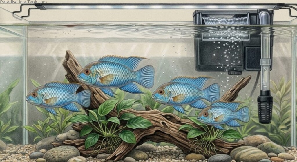 Side profile showing Electric Blue Acaras swimming in clear water near HOB filtration.