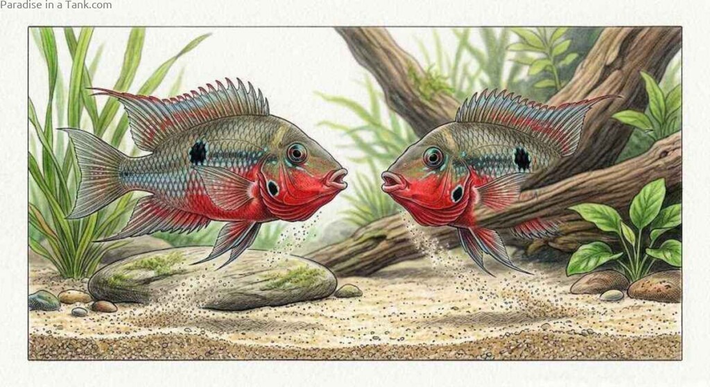 Two Firemouth Cichlids showing aggression by flaring gills at each other.