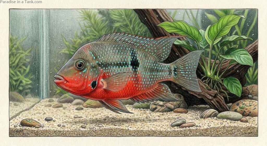 Detailed lateral view showing the distinct gray scales and red belly of a Firemouth Cichlid.