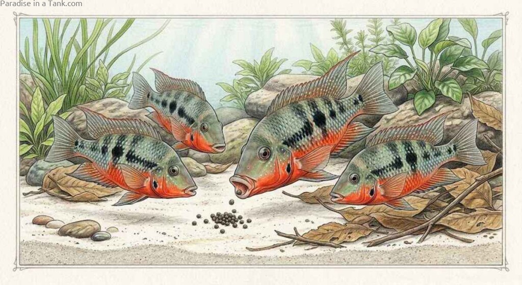 Firemouth cichlid swallowing a sinking pellet underwater in tank.
