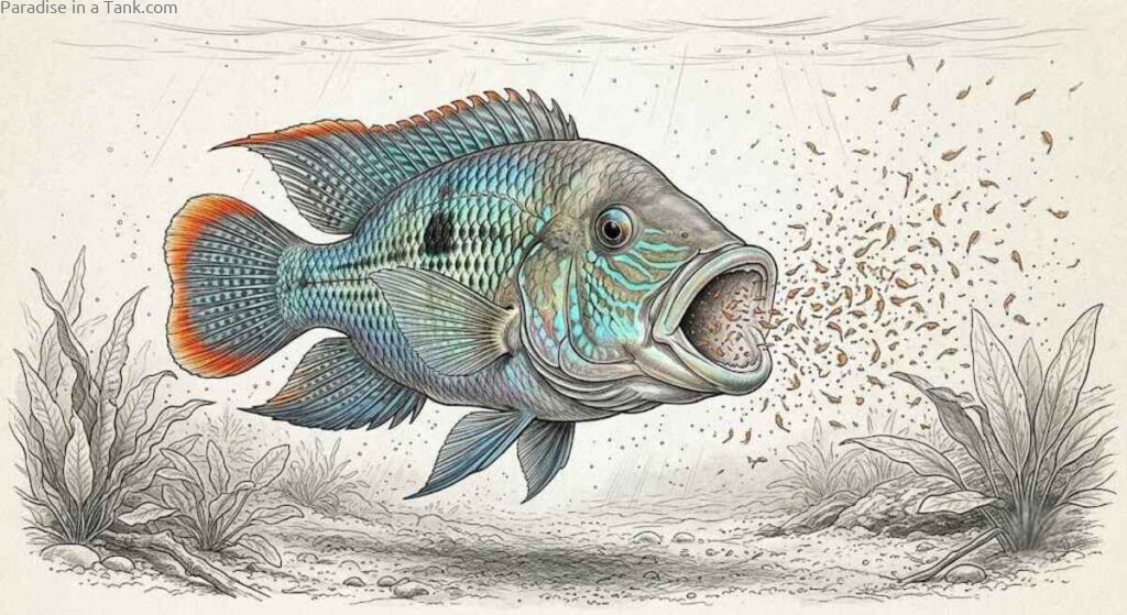 Detailed illustration of a Green Terror Cichlid eating live brine shrimp in clear water.