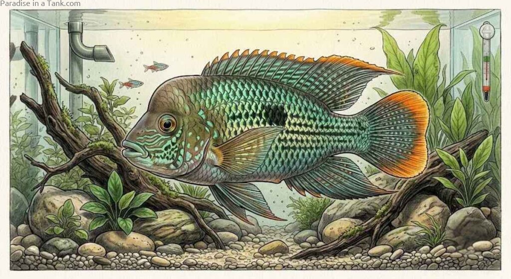 A Gold Saum Green Terror Cichlid displaying its colours in an aquarium.