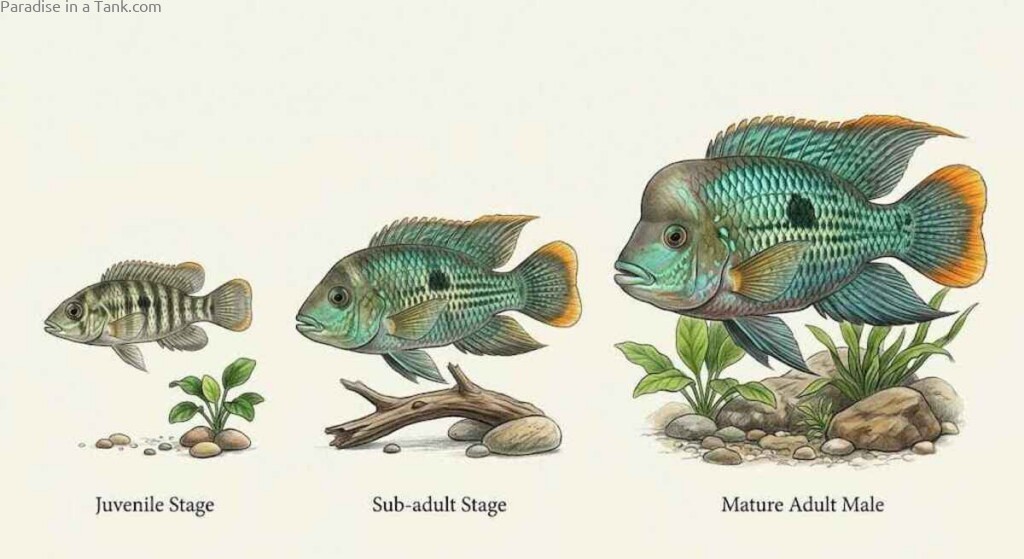 Image showing different growth stages of Green Terror Cichlids.