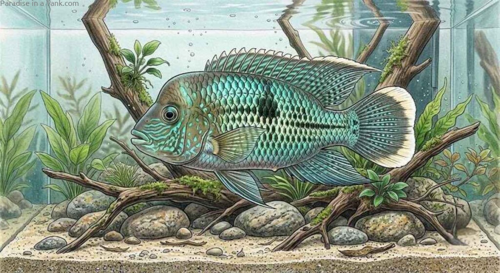 Side profile view of an adult male Green Terror Cichlid White Saum fish.