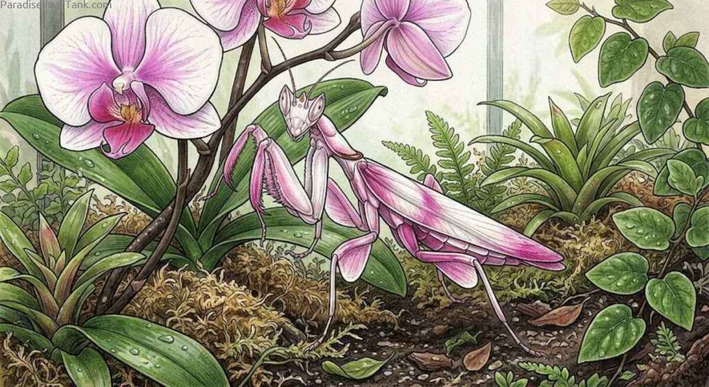 Close up illustration view of an Orchid Mantis showcasing detailed petal-like legs and eyes.
